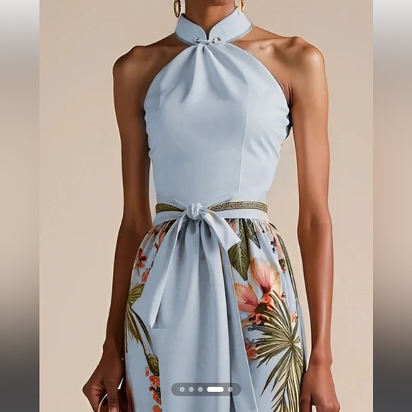 High Neck Blue Floral A-line Maxi Dress with Belt - Picture 2 of 3